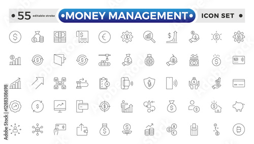 set of money management outline icon. money management, wallet, banking, ATM, piggy bank, investment profit, finance growth chart, money increase, finance icon. Editable stroke outline icon. 