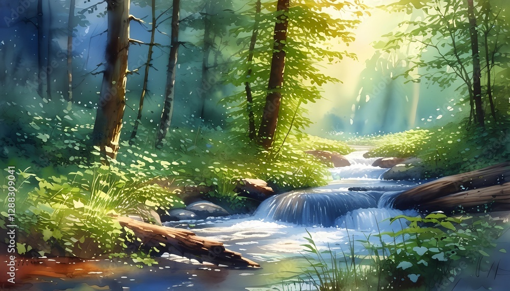 Fototapeta premium A serene forest stream flows gently over mossy rocks under the soft morning sunlight