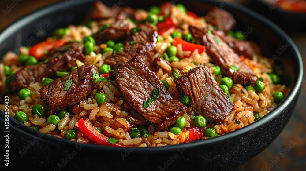 beef fried rice featuring tender strips of marinated beef, red bell peppers, and green peas, with a drizzle of soy sauce beef fried rice featuring tender strips of marinated beef, red bell peppers, and green peas, with a drizzle of soy sauce