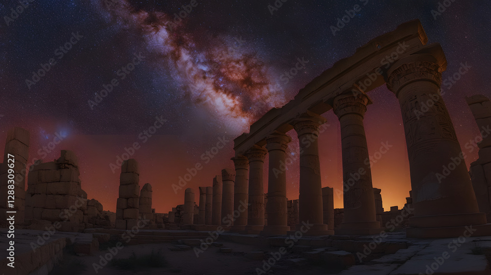 Obraz premium A dramatic view of the Milky Way over an ancient stone ruin.