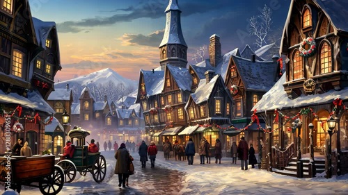 Snowy Christmas village in Victo with carolers celebrating the holiday spirit amidst charming architecture and a picturesque winter landscape