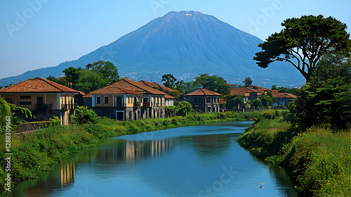 Italian Village by River, Volcano photo