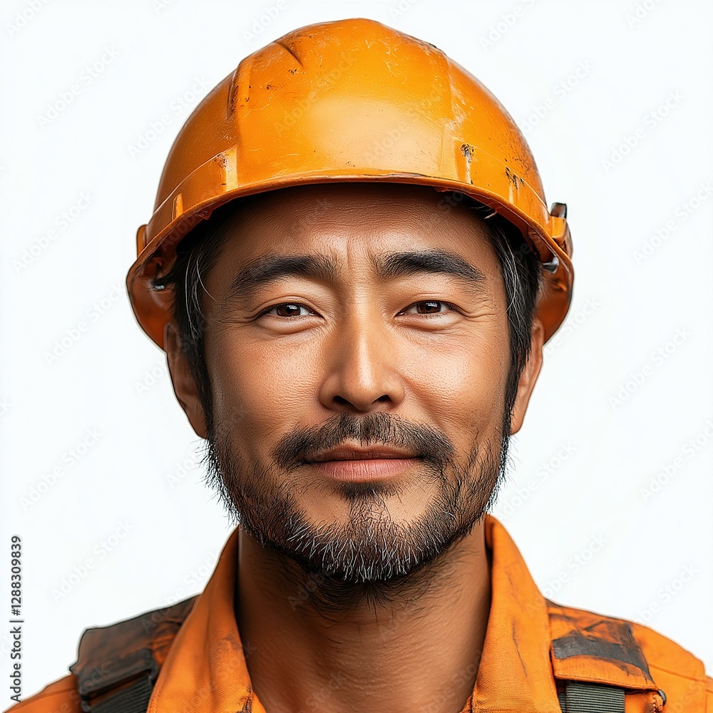 Portrait of a confident construction worker wearing an orange helmet, showcasing dedication and expertise in his field. Portrait of a confident construction worker wearing an orange helmet, showcasing dedication and expertise in his field.
