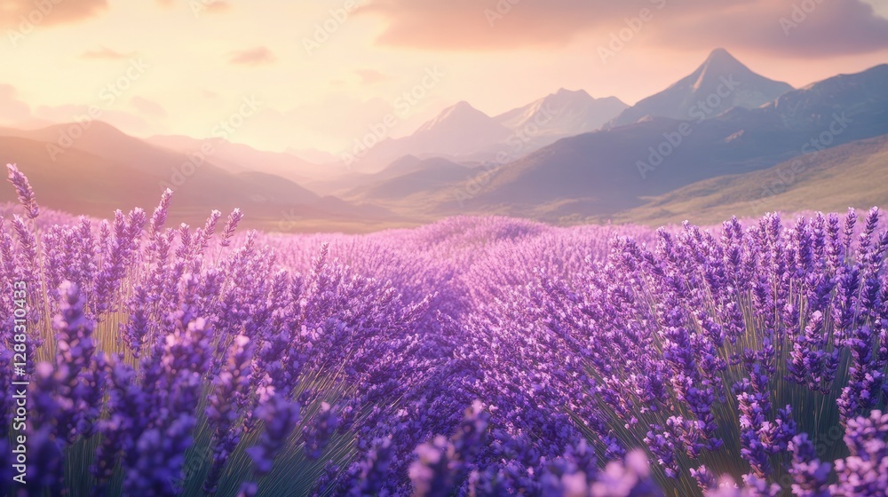 Obraz premium Lavender field at sunset, with vibrant purple flowers stretching toward majestic snow-capped mountains in distance. The scenic landscape tranquility, natural beauty charm of rural life. Generative AI