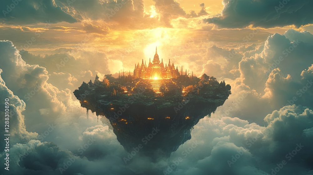 Fototapeta premium Golden floating castle illuminated by setting sun, resting atop clouds in serene magical sky. Majestic, dreamlike structure fantasy wonder, blending ethereal elements with warm lighting. Generative AI