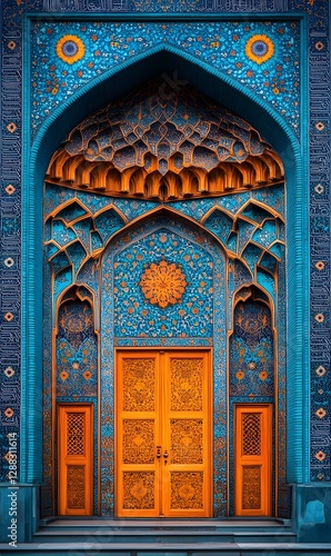 Dramatic architectural close up of the intricate carvings and tilework of the Sheikh Lotfollah Mosque in Isfahan Iran