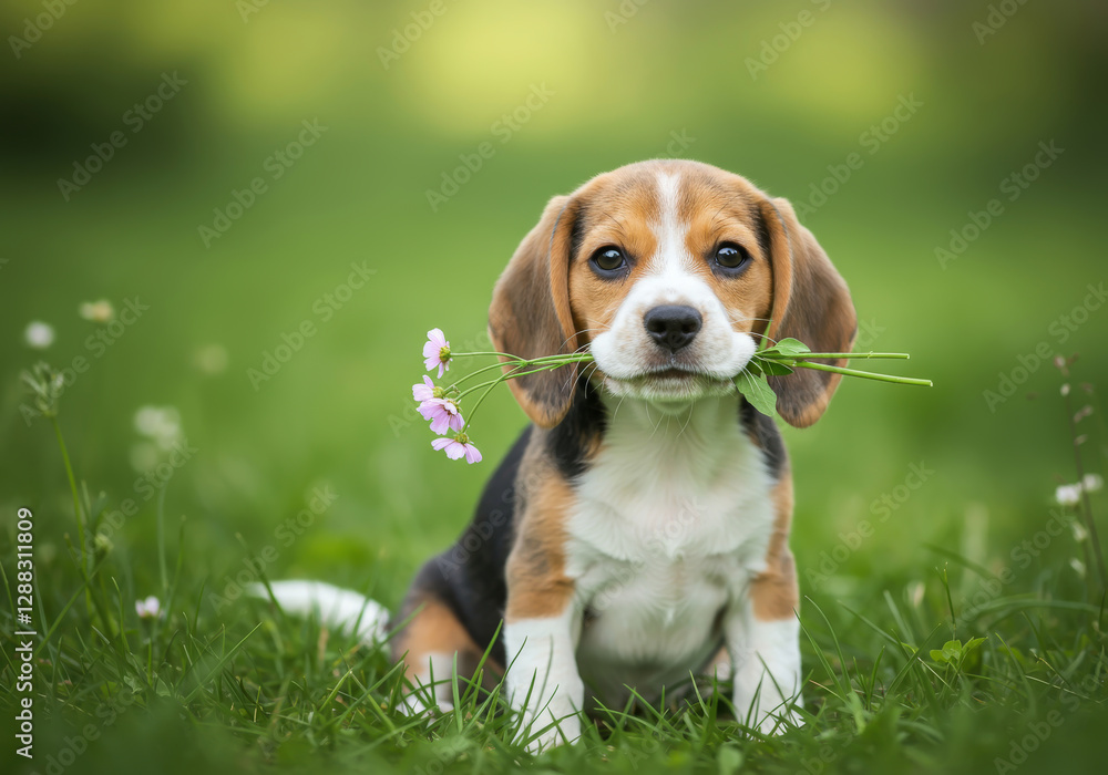 Adorable beagle puppy sitting in the grass holding purple flowers Adorable beagle puppy sitting in the grass holding purple flowers