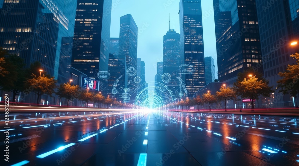 Fototapeta premium Futuristic cityscape with glowing roads and digital elements, perfect for technology, urban development, and innovation themes, ideal for backgrounds and digital design projects.