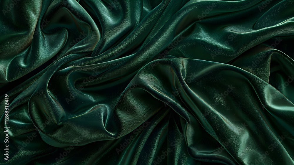 Fototapeta premium Abstract close-up of draped, shiny dark green fabric. Luxurious texture with folds and highlights.