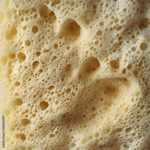 Detailed close-up of a porous, light yellow sponge texture filled with numerous small and large holes.