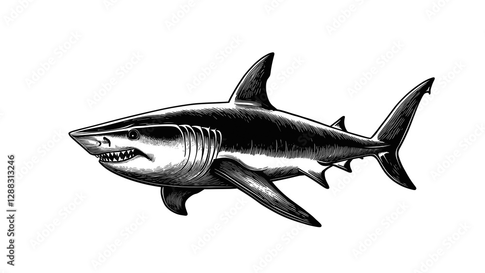 Fototapeta premium vector illustration of black and white woodcut shark