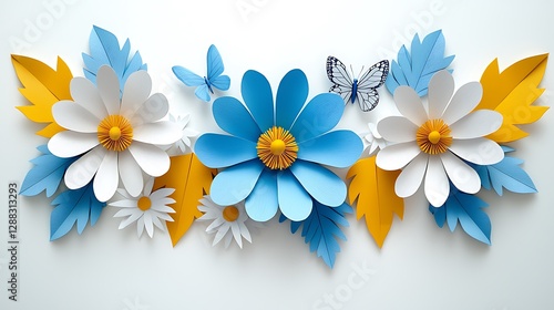 Paper flowers and butterflies banner. Spring nature design