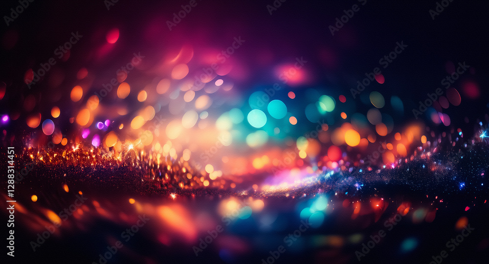Obraz premium Abstract image of vibrant, blurred bokeh lights creates a festive and dreamy atmosphere. A colorful display in shades of red, orange, yellow, green, blue and purple.