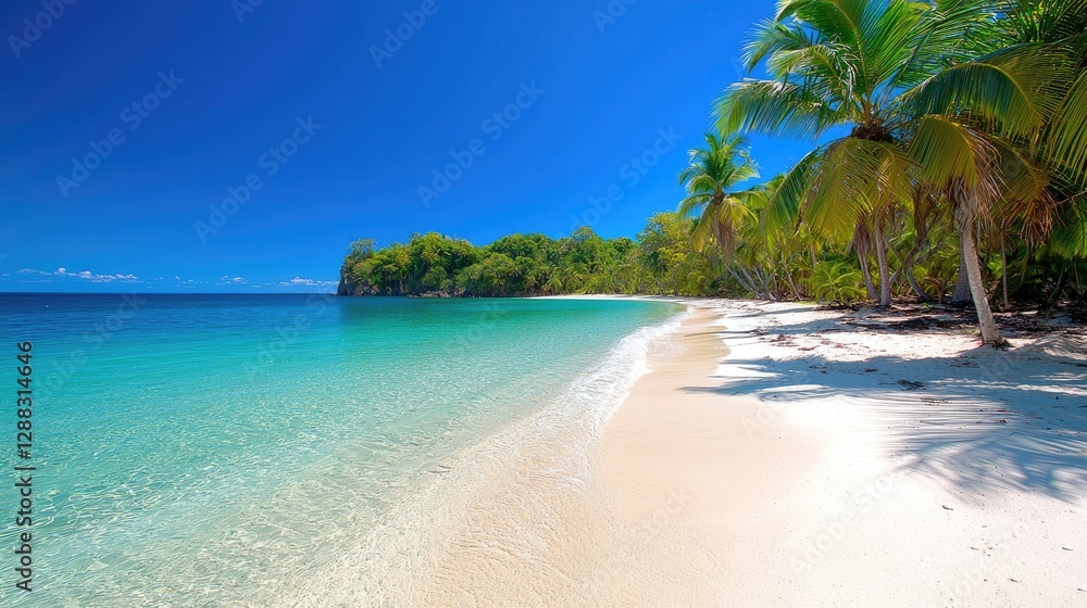 Naklejka premium Tropical beach scene with turquoise water and palm trees. Ideal for travel/vacation brochures or websites