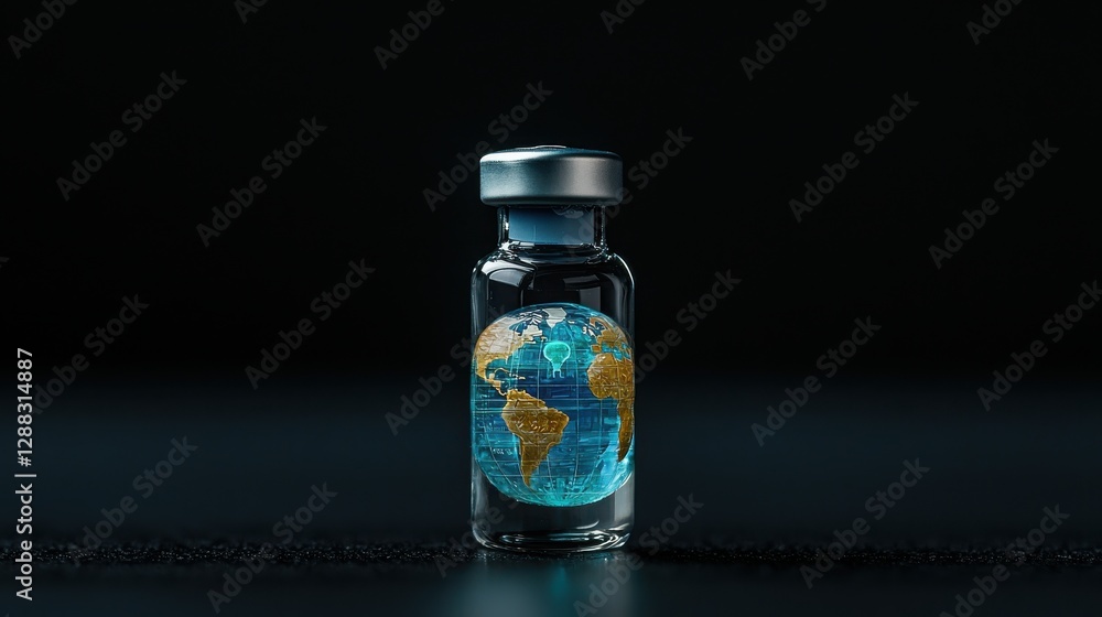A glass vial containing a globe, symbolizing global health, unity, or innovation in medicine against a dark backdrop. A glass vial containing a globe, symbolizing global health, unity, or innovation in medicine against a dark backdrop.