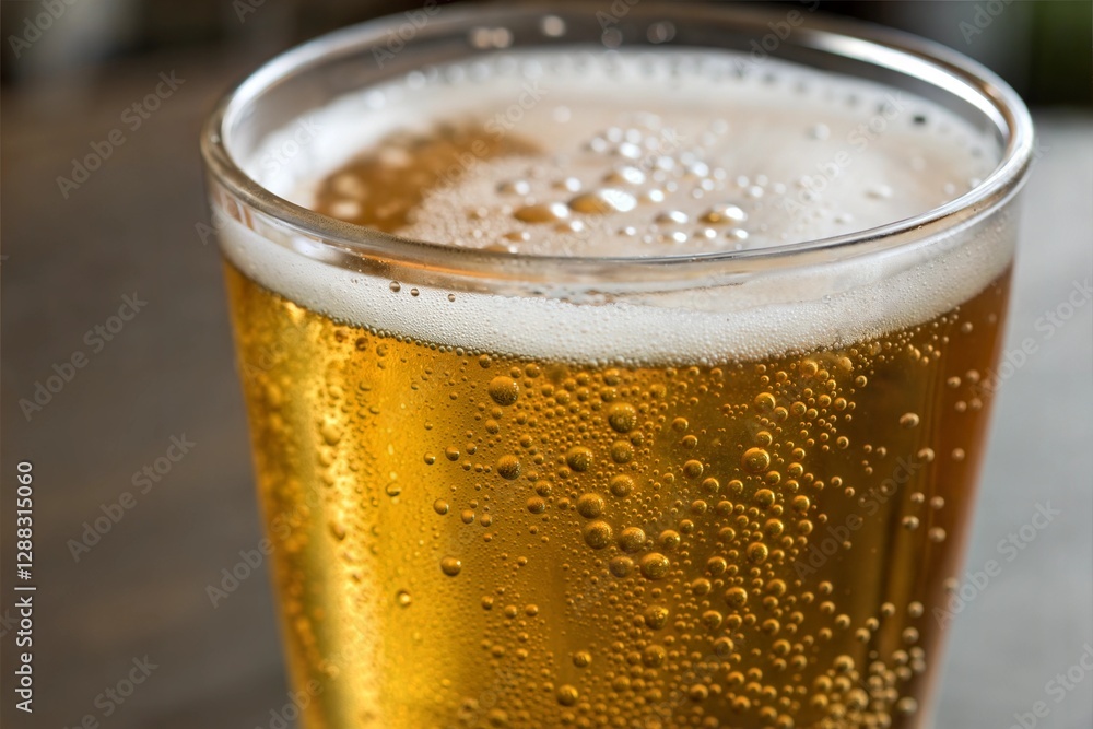 Close-up of a cold, foamy beer in a glass.