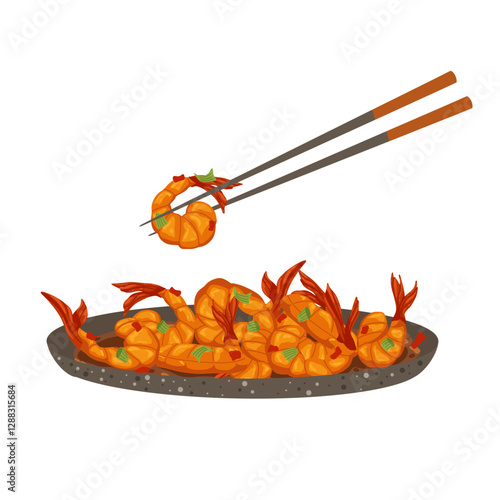 Spicy salt and pepper shrimps on a plate with chopsticks. Delicious traditional chinese meal. Kung Pao shrimp. Szechuan spicy shrimp. Vector hand drawn illustration isolated on white