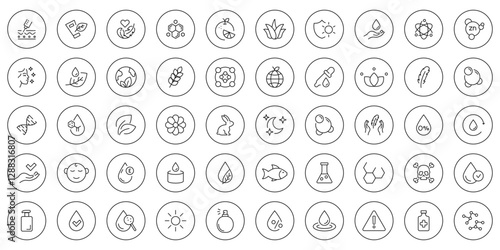 Skin care line icons set. Beauty icons. Moisture cream, acid, anti wrinkle serum, ceramide, collagen, retinol compound, sunscreen vector icon. Editable Stroke