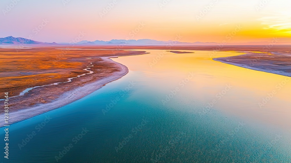 Fototapeta premium Weathering process idea. A stunning aerial view of a river at sunset, showcasing vibrant colors and natural beauty.