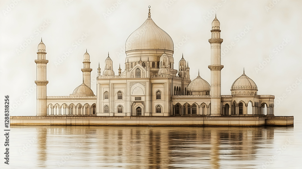 Obraz premium Mosque on Island, Artistic View, Calm Water