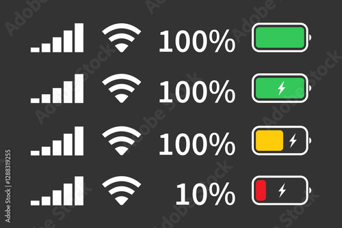 Icon Battery Power, Wireless, Mobile Network status mobile device display