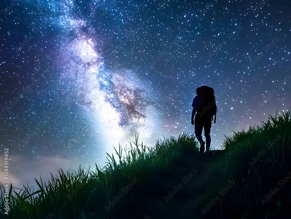 Fototapeta premium Meadow Grassland Traveler Exploring Milky Way Galaxy Landscape at Nighttime