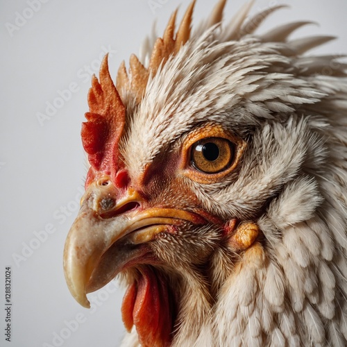 A close-up portrait of a chicken’s face, showing its detailed eyes, beak, and comb on a clean white background.