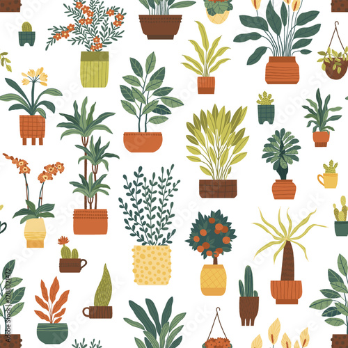 Seamless pattern of indoor plants in different pots. Flowering and leafy plants in pots, on a stand and in a cachepot. Flat vector illustration.
 