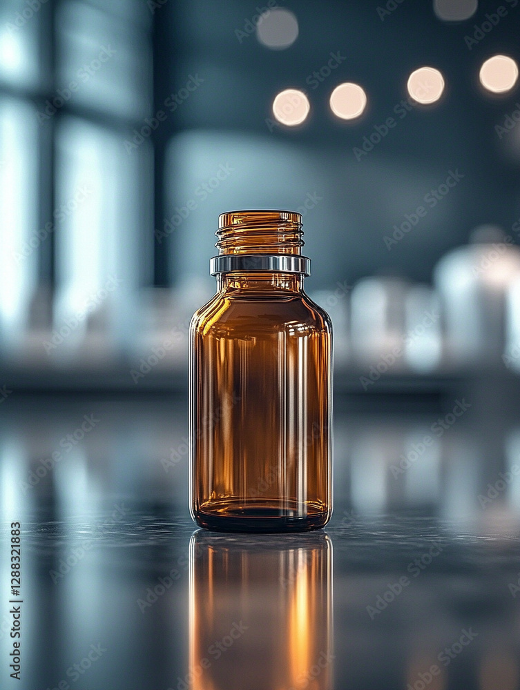 Brown glass bottle on a reflective surface Brown glass bottle on a reflective surface