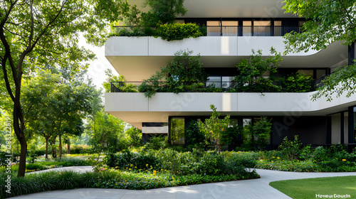 Modern apartment building, green courtyard, urban oasis, sustainable design, architectural photography