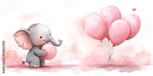 Cute Baby Elephant with Pink Balloons Watercolor Illustration for Kids