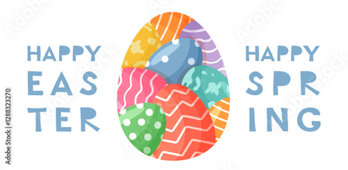 Happy Easter happy spring quote. Bright horizontal banner with Easter colorful egg and inscription. Modern trendy design.