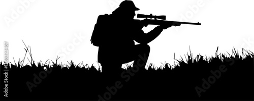 Silhouette of a man with a rifle aiming down the scope.