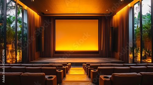 Photo Home Theater Interior Design Empty Seats Stage Screen Curtains Recliners