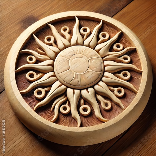 A circular wood block featuring a radiant sun carved in the cent photo