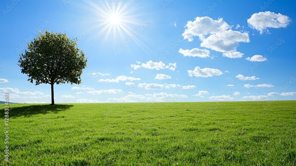 Obraz premium Single Tree on a Green Field under a Sunny Sky