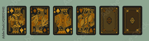 Kings playing poker cards suit set Hearts, Spades, Clubs, Diamonds. Face and back. Gold and Black design, vector cards isolated on green background.