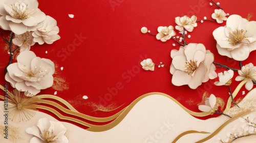 Elegant Floral Arrangement: A stylized composition with exquisite paper-cut flowers, featuring delicate blossoms against a vibrant red and gold backdrop.