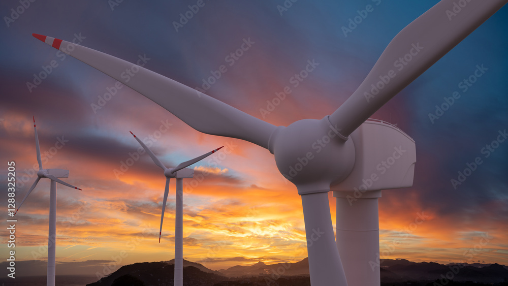 Concept of renewable energy produced by wind turbines
