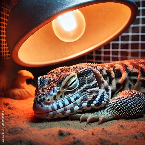 A lizard snoozing under a heat lamp looking cozy photo