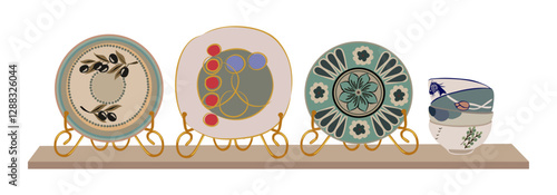 Beautiful handmade ceramic plates and bowls on shelf flat vector illustration. Clean dishes. Decorative tableware isolated on white background. Hand painted modern home decor.
