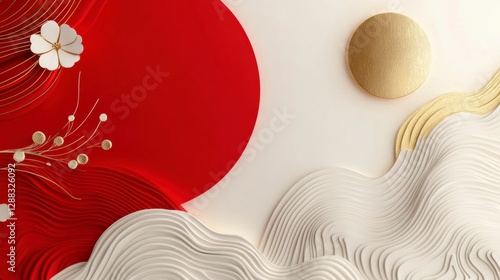 Harmony of Red and Gold: A captivating blend of vibrant red and lustrous gold creates a harmonious, serene, and modern design. This minimalist composition evokes feelings of peace, balance.