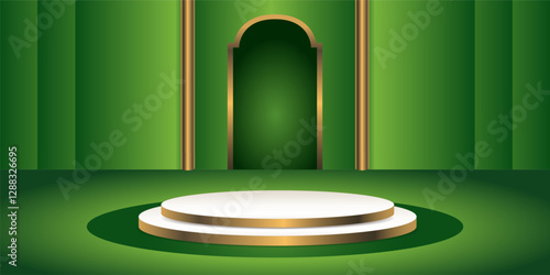 Realistic 3D green and gold podium background with set of  Arabic style windows. Architectural design elements for Muslim holidays. Vector illustration.