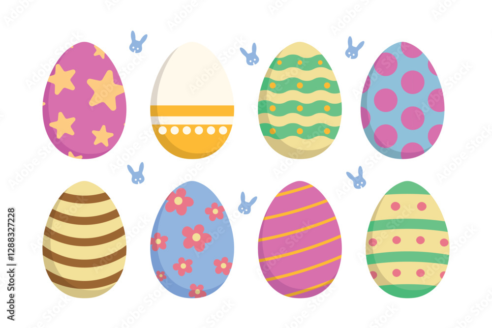 Easter eggs with different textures on a white background. Spring holiday. Vector Illustration isolated. Happy easter eggs. Easter eggs with different textures on a white background. Spring holiday. Vector Illustration isolated. Happy easter eggs.