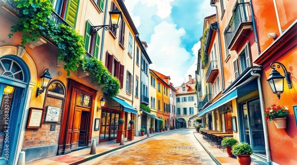 Fototapeta premium Lively and energetic watercolor painting from a low angle, depicting a charming European village 
