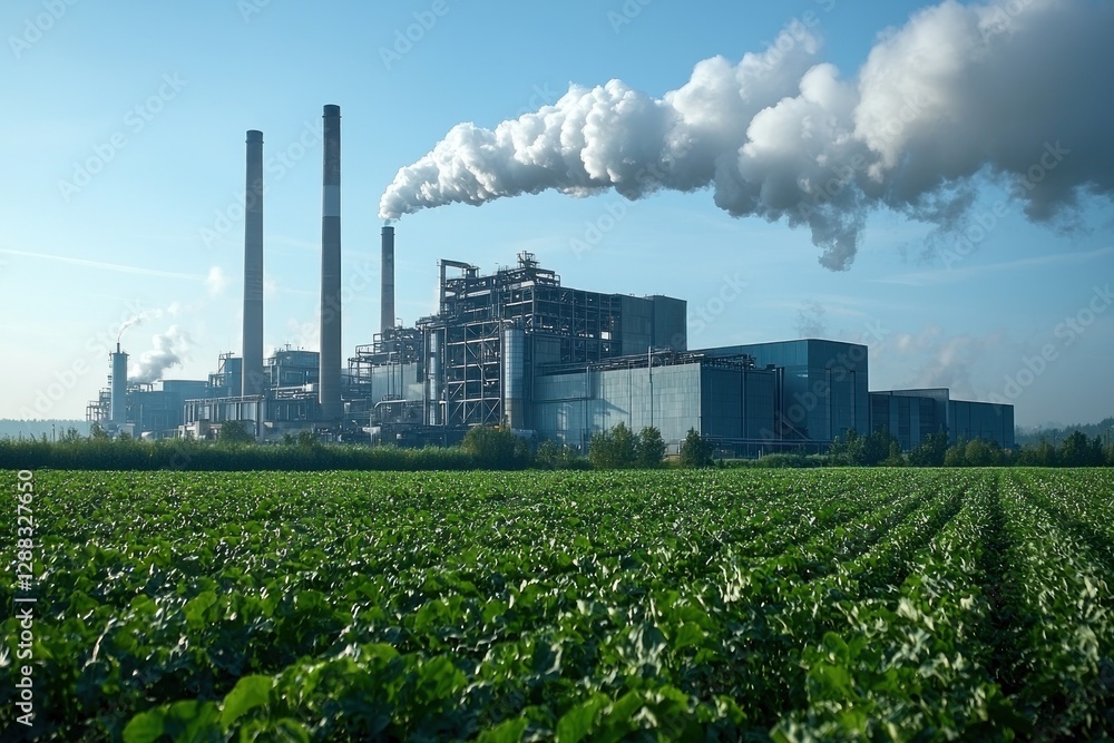 Obraz premium Factory puffs smoke over field on bright sunny day; environment, pollution concept