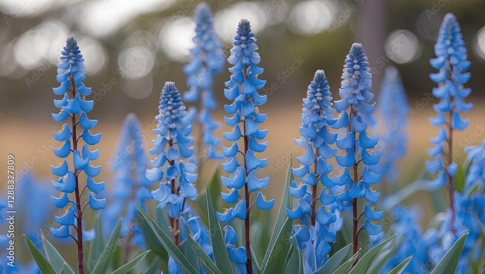 Naklejka premium Close-up view of lush blue flowers in bloom, showcasing vibrant colors and delicate textures against a blurred natural background