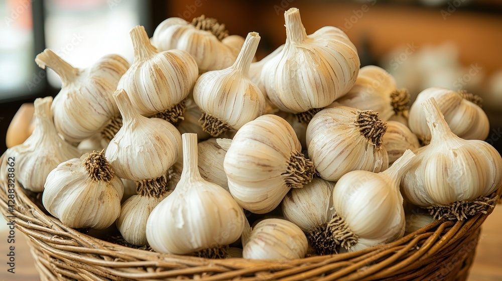 Fototapeta premium Garlic bulbs piled in wicker basket, kitchen setting, warm natural lighting