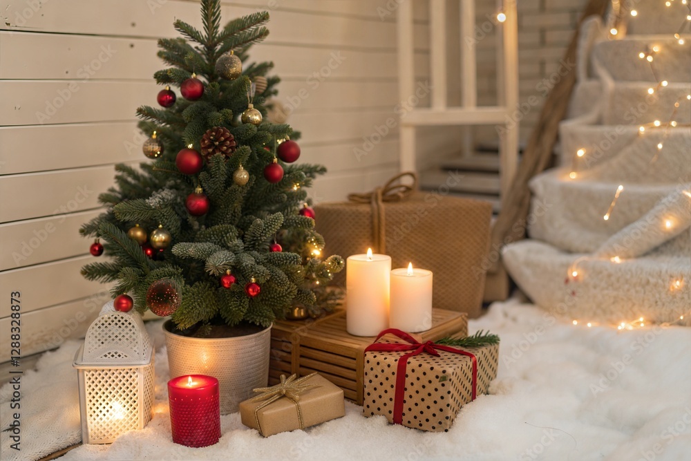 Cozy Christmas Decor with Small Tree, Candles, and Gifts Cozy Christmas Decor with Small Tree, Candles, and Gifts