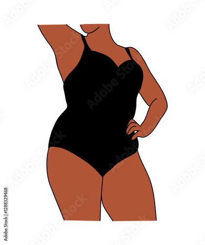 Curvy black woman vector colored line art drawing. Plus size beautiful girl in bikini, underwear. Body positive abstract minimalist illustration